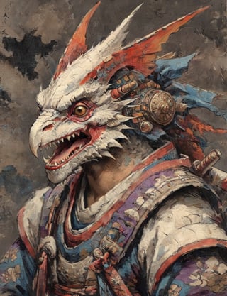 (close up, head and shoulders portrait:1.3), (anthromorphic pterodactyl :1.6), oni_horns, samurai , samurai armor , brown, blue, violet , white and black color scheme , (dark background:1.2), Ukiyo-e,ink,colorful,shogun