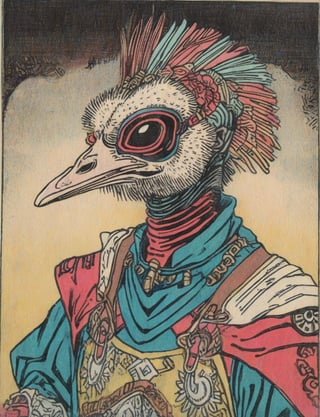 (head and shoulders portrait:1.2), (anthropomorphic ostrich :1.3) as a warrior, zorro mask, triadic colors, wearing sci-fi outfit , surreal fantasy, close-up view, chiaroscuro lighting, no frame, hard light,Ukiyo-e,ink