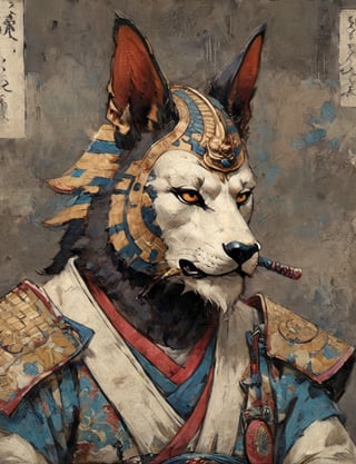 (close up, head and shoulders portrait:1.3), (anthromorphic Anubis :1.6), oni_horns, samurai , samurai armor , brown, blue, violet , white and black color scheme , (dark background:1.2), Ukiyo-e,ink,colorful,shogun