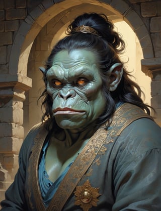 creative magic creature art, creature fusion ( ape :1.6) (ogre :1.8), female, eyelashes, (bioluminescence :2), wearing business attire , glowing eyes, head and shoulders portrait , hyper-detailed oil painting, art by Greg Rutkowski and (Norman Rockwell:1.5) , illustration style, symmetry , inside a medieval dungeon, cracked stone walls , huayu