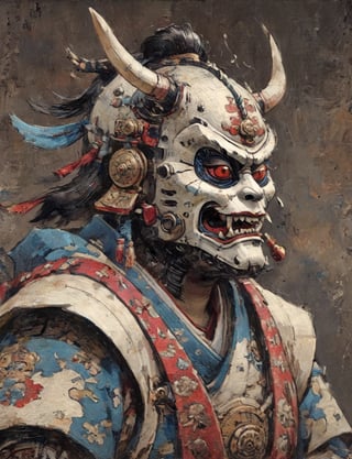 (close up, head and shoulders portrait:1.3), (anthromorphic robot :1.6), oni_horns, samurai , samurai armor , brown, blue, violet , white and black color scheme , (dark background:1.2), Ukiyo-e,ink,colorful,shogun