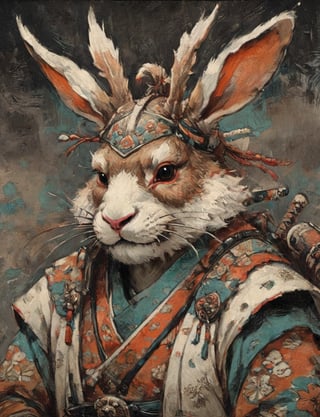 (close up, head and shoulders portrait:1.3), anthromorphic ( jackalope :1.6), oni_horns, samurai , samurai armor , brown, tangerine, teal , white and black color scheme , (dark background:1.2), Ukiyo-e,ink,colorful,shogun