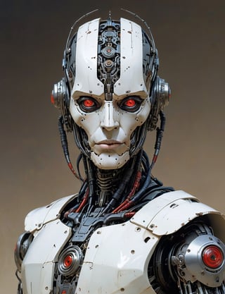 A male, (cybernetic robot:3), biomechanical, (rodian :3) , wearing intricate necromancer armor . red eyes, serious face expression. head and shoulders portrait , hyper-detailed oil painting, art by Greg Rutkowski and (Norman Rockwell:1.5) , illustration style, symmetry , sci-fi interior setting , huayu