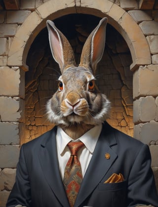 creative magic creature art, ( rabbit :1.8) (eagle :1.4), long beard, rabbit ears, wearing business suit, glowing eyes, head and shoulders portrait , hyper-detailed oil painting, art by Greg Rutkowski and (Norman Rockwell:1.5) , illustration style, symmetry , inside a medieval dungeon, cracked stone walls , huayu