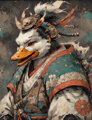 (close up, head and shoulders portrait:1.3), anthromorphic ( duck :1.6), oni_horns, samurai , samurai armor , brown, tangerine, teal , white and black color scheme , (dark background:1.2), Ukiyo-e,ink,colorful,shogun