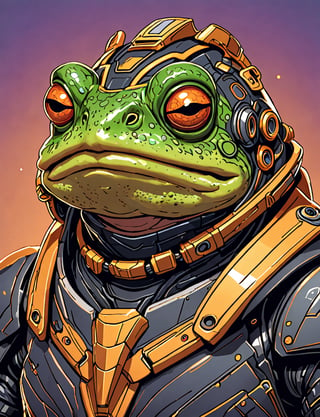 (head and shoulders portrait:1.2), Sci-Fi. (anthropomorphic toad :1.3), athletic build. wearing futuristic and highly cybernetic black armor. Inspired by the art of Destiny 2 and the style of Guardians of the Galaxy
,Flat vector art