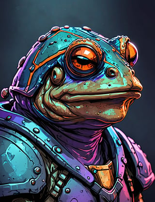 (close up, head and shoulders portrait:1.3), tangerine and teal, (anthromorphic toad:1.6), wearing blue and violet sci-fi polycarbonate armor, (strong outline sketch style:1.5), gritty fantasy, (darkest dungeon art style :1.4), dark muted background, detailed