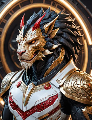 (head and shoulders portrait:1.2), Sci-Fi. (anthropomorphic manticore fallen:1.3), athletic build. ((white armor)).  wearing futuristic and highly cybernetic black armor. red ornaments, golden lines, Inspired by the art of Destiny 2 and the style of Guardians of the Galaxy
