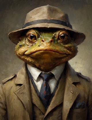 head and shoulders portrait, anthromorphic toad, a hard-boiled atmosphere, a trench coat, a tie