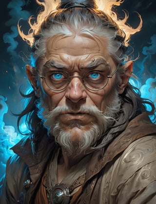 high fantasy world, wild eyed wizard wearing half-rim spectacles, looking intently at the viewer, wild and furious, menacing snarling angry expression, (glowing blue eyes:3), biomechanical, long beard , head and shoulders portrait , hyper-detailed oil painting, art by Greg Rutkowski and (Norman Rockwell:1.5) , illustration style, symmetry , mideval dungeon setting , huayu