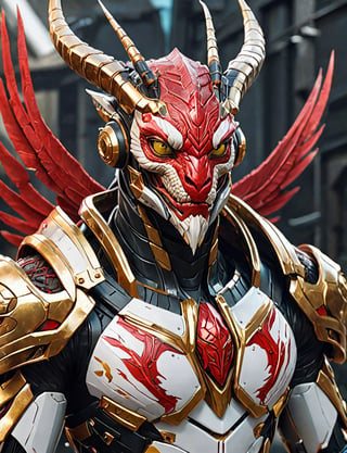 (head and shoulders portrait:1.2), Sci-Fi. (anthropomorphic manticore mantis:1.3), athletic build. ((white armor)).  wearing futuristic and highly cybernetic black armor. red ornaments, golden lines, Inspired by the art of Destiny 2 and the style of Guardians of the Galaxy
