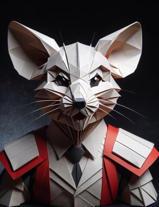 (head and shoulders portrait:2), (angry glaring villian paper mouse:2), menacing expression, wearing super hero outfit, made out of folded paper, origami,  light and delicate tones, clear contours, cinematic quality, dark background, highly detailed, chiaroscuro, ral-orgmi