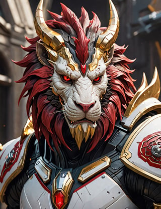 (head and shoulders portrait:1.2), Sci-Fi. (anthropomorphic manticore fallen:1.3), athletic build. ((white armor)).  wearing futuristic and highly cybernetic black armor. red ornaments, golden lines, Inspired by the art of Destiny 2 and the style of Guardians of the Galaxy
