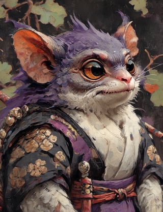 (close up, head and shoulders portrait:1.3), anthromorphic ( tarsier :1.2) dragon, samurai , black samurai armor, brown, violet, white and black color scheme , (dark background:1.2), Disney pixar style,Ukiyo-e,ink,colorful,shogun