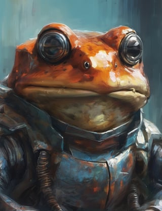 (close up, head and shoulders portrait:1.3), (anthromorphic toad:1.6), wearing sci-fi polycarbonate armor , "The overall effect is a blend of impressionism and abstraction, creating a rich, immersive setting. The scene should feature a realist selective focus on main subject. In contrast, the background should transition into an abstract, painterly environment. The atmosphere should be hazy and diffuse, contributing to an ethereal and somewhat dystopian feel. Background impressionistic style to emphasize mood and atmosphere over detailed realism. The colors in the background include shades of rich, vibrant hues with dramatic contrasts, featuring deep, earthy tones and vivid highlights, blending seamlessly with cooler hues like blues and greys. Use muted accents like rusty orange-yellows, and rusty teals to highlight tiny areas and add visual interest. Use this blend of subdued and bold colors to emphasize the gritty nature of the scene."