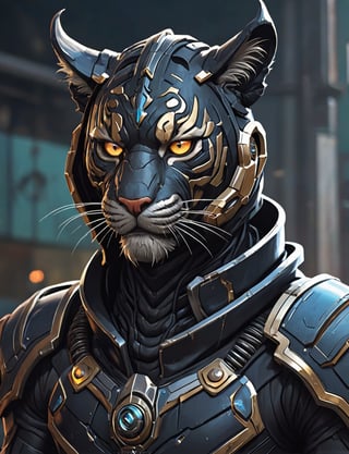 (head and shoulders portrait:1.2), Sci-Fi. (anthropomorphic tiger displacer beast:1.3), athletic build. hooded, wearing futuristic and highly cybernetic black armor. Inspired by the art of Destiny 2 and the style of Guardians of the Galaxy