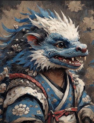 (close up, head and shoulders portrait:1.3), anthromorphic ( porcupine :1.2) dragon, samurai , black samurai armor, brown, blue , white and black color scheme , (dark background:1.2), Disney pixar style,Ukiyo-e,ink,colorful,shogun