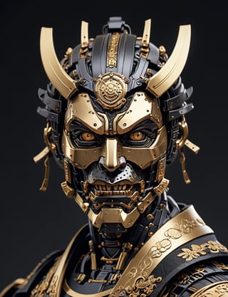 A male, a (robot samurai :3), face made of metal, gold and black , precious jewels, dark background, head and shoulders portrait , flat 2.5d art, cell shading , hyper-detailed comic book art style , illustration style, art by Darius Puia BakaArts, symmetry , sci-fi interior setting 