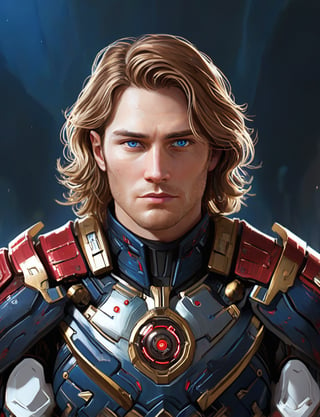 (head and shoulders portrait:1.2), Sci-Fi. Kozja Darzalas is a human being, a handsome man of 25 years old, ((caucasian)), long light_brown hair, wavy haircut, blue eyes. athletic build. ((white armor)). He wears a futuristic and highly cybernetic black armor. red ornaments, golden lines, Warbringers iconography. Inspired by the art of Destiny 2 and the style of Guardians of the Galaxy
