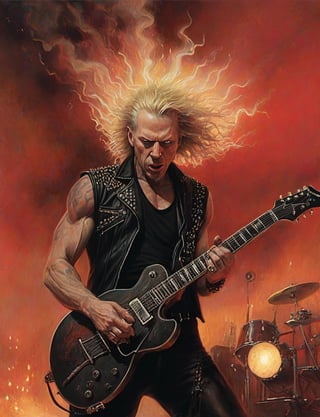 (head and shoulders portrait:1.2), James Hetfield, a heavy metal guitarist, (playing guitar:1.2), performing on stage, short blond hair, wearing black t-shirt and black leather vest, metal studs, chains, looking at the camera, red smoke background,  surreal fantasy, close-up view, chiaroscuro lighting, no frame, hard light, art by Zdzisław Beksiński,digital artwork by Beksinski