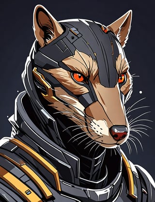 (head and shoulders portrait:1.2), Sci-Fi. (anthropomorphic weasel  :1.3), athletic build. hooded, wearing futuristic and highly cybernetic black armor. Inspired by the art of Destiny 2 and the style of Guardians of the Galaxy
,Flat vector art