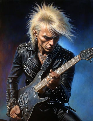 (head and shoulders portrait:1.2), George Lynch, a heavy metal guitarist, (playing guitar:1.2), performing on stage, blond hair, wearing leather jacket, metal studs, chains, surreal fantasy, close-up view, chiaroscuro lighting, no frame, hard light, art by Zdzisław Beksiński,digital artwork by Beksinski