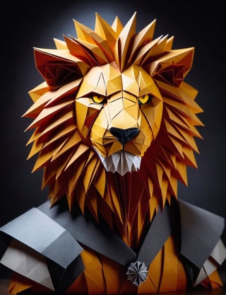 (head and shoulders portrait:2), (angry glaring villian paper lion:2), menacing expression, wearing super hero outfit, made out of folded paper, origami,  light and delicate tones, clear contours, cinematic quality, dark background, highly detailed, chiaroscuro, ral-orgmi