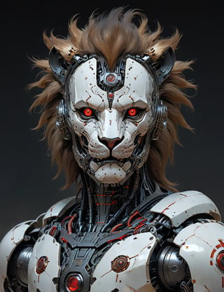 A male, (cybernetic robot:3), biomechanical, (lion:3) , wearing intricate necromancer armor . red eyes, dark background, serious face expression. head and shoulders portrait , hyper-detailed oil painting, art by Greg Rutkowski and (Norman Rockwell:1.5) , illustration style, symmetry , sci-fi interior setting , huayu