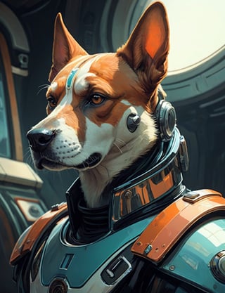 close up, head and shoulders portrait, anthropomorphic dog "male space marine" (art by Syd Mead:1.8), ship interrior, solar punk, tangerine and teal, cold color palette, muted colors, detailed, 8k