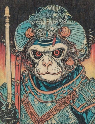 (head and shoulders portrait:1.2), (anthropomorphic marmoset :1.3) as a warrior, zorro mask, holographic glowing eyes, wearing sci-fi outfit , surreal fantasy, close-up view, chiaroscuro lighting, no frame, hard light,Ukiyo-e