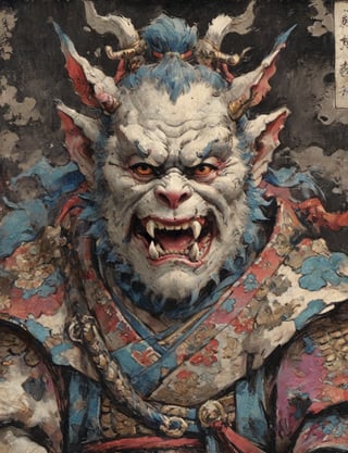 (close up, head and shoulders portrait:1.3), (anthromorphic gargoyle :1.6), oni_horns, samurai , samurai armor , brown, blue, violet , white and black color scheme , (dark background:1.2), Ukiyo-e,ink,colorful,shogun