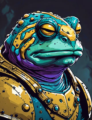 (close up, head and shoulders portrait:1.3), yellow and teal, (anthromorphic toad:1.6), wearing blue and violet sci-fi polycarbonate armor, (strong outline sketch style:1.5), gritty fantasy, (darkest dungeon art style :1.4), dark muted background, detailed