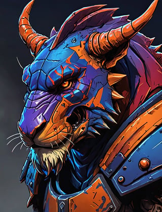 (close up, head and shoulders portrait:1.3), orange and red gradient , (anthromorphic lion triceritops :1.6), wearing blue and violet sci-fi polycarbonate armor, (strong outline sketch style:1.5), gritty fantasy, (darkest dungeon art style :1.4), dark muted background, detailed