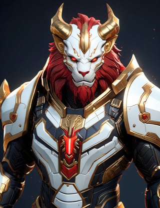 (head and shoulders portrait:1.2), Sci-Fi. anthropomorphic manticore. athletic build. ((white armor)). He wears a futuristic and highly cybernetic black armor. red ornaments, golden lines, Warbringers iconography. Inspired by the art of Destiny 2 and the style of Guardians of the Galaxy
