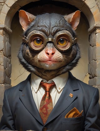 creative magic creature art, creature fusion ( wolf :1.4) (tarsier :1.8), (goggles :2), wearing business suit, glowing eyes, head and shoulders portrait , hyper-detailed oil painting, art by Greg Rutkowski and (Norman Rockwell:1.5) , illustration style, symmetry , inside a medieval dungeon, cracked stone walls , huayu