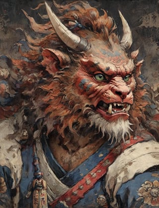 (close up, head and shoulders portrait:1.3), anthromorphic ( manticore :1.6), oni_horns, samurai , samurai armor , brown, blue violet white and black color scheme , (dark background:1.2), Ukiyo-e,ink,colorful,shogun