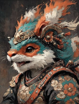 (close up, head and shoulders portrait:1.3), anthromorphic ( squirrel :1.2) dragon, samurai , black samurai armor, brown, tangerine teal, white and black color scheme , (dark background:1.2), Disney pixar style,Ukiyo-e,ink,colorful,shogun