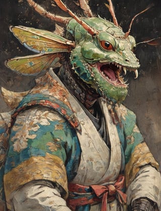 (close up, head and shoulders portrait:1.3), (anthromorphic praying mantis  :1.6), samurai , samurai armor , brown, green, yellow, blue , white and black color scheme , (dark background:1.2), Ukiyo-e,ink,colorful,shogun