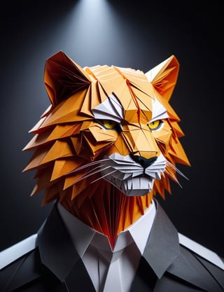 (head and shoulders portrait:2), (angry glaring villian paper tiger:2), menacing expression, wearing super hero outfit, made out of folded paper, origami,  light and delicate tones, clear contours, cinematic quality, dark background, highly detailed, chiaroscuro, ral-orgmi