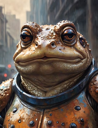 (close up, head and shoulders portrait:1.3), (anthromorphic toad:1.6), wearing sci-fi polycarbonate armor , "The overall effect is a blend of impressionism and abstraction, creating a rich, immersive setting. The scene should feature a realist selective focus on main subject. In contrast, the background should transition into an abstract, painterly environment. The atmosphere should be hazy and diffuse, contributing to an ethereal and somewhat dystopian feel. Background impressionistic style to emphasize mood and atmosphere over detailed realism. The colors in the background include shades of rich, vibrant hues with dramatic contrasts, featuring deep, earthy tones and vivid highlights, blending seamlessly with cooler hues like blues and greys. Use muted accents like rusty orange-yellows, and rusty teals to highlight tiny areas and add visual interest. Use this blend of subdued and bold colors to emphasize the gritty nature of the scene."