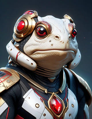 (head and shoulders portrait:1.2), Sci-Fi. anthropomorphic toad. athletic build. ((white armor)). He wears a futuristic and highly cybernetic black armor. red ornaments, golden lines, Inspired by the art of Destiny 2 and the style of Guardians of the Galaxy

