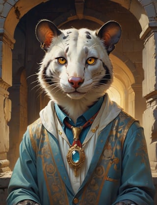 creative magic creature art, anthropomorphic creature fusion ( opossum :1.6) (jaguar :1.8), prominent eyelashes, (bioluminescence :2), wearing business blouse , glowing eyes, head and shoulders portrait , hyper-detailed oil painting, art by Greg Rutkowski and (Norman Rockwell:1.5) , illustration style, symmetry , inside a medieval dungeon, cracked stone walls , huayu