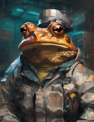(close up, head and shoulders portrait:1.3), (anthromorphic toad:1.6), wearing sci-fi clothing , "The overall effect is a blend of impressionism and abstraction, creating a rich, immersive setting. The scene should feature a realist selective focus on main subject. In contrast, the background should transition into an abstract, painterly environment. The atmosphere should be hazy and diffuse, contributing to an ethereal and somewhat dystopian feel. Background impressionistic style to emphasize mood and atmosphere over detailed realism. The colors in the background include shades of rich, vibrant hues with dramatic contrasts, featuring deep, earthy tones and vivid highlights, blending seamlessly with cooler hues like blues and greys. Use muted accents like rusty orange-yellows, and rusty teals to highlight tiny areas and add visual interest. Use this blend of subdued and bold colors to emphasize the gritty nature of the scene."