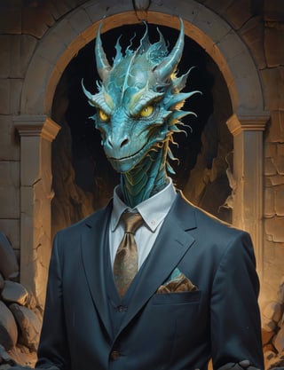 creative magic creature art, creature fusion ( mantis :0.7) (dragon :1.8), (bioluminescence :2), wearing business suit, glowing eyes, head and shoulders portrait , hyper-detailed oil painting, art by Greg Rutkowski and (Norman Rockwell:1.5) , illustration style, symmetry , inside a medieval dungeon, cracked stone walls , huayu