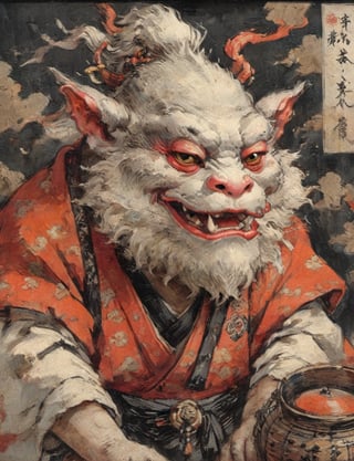 (close up, head and shoulders portrait:1.3), anthromorphic ( toad :1.2), oni_horns, monk , monk robes, brown, tangerine red, white and black color scheme , (dark background:1.2), Ukiyo-e,ink,colorful,shogun