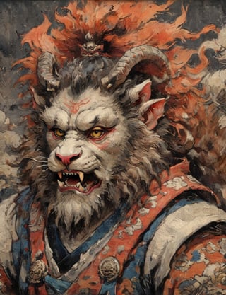 (close up, head and shoulders portrait:1.3), anthromorphic ( manticore :1.6), oni_horns, samurai , samurai armor , brown, tangerine, sapphire , white and black color scheme , (dark background:1.2), Ukiyo-e,ink,colorful,shogun