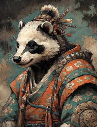 (close up, head and shoulders portrait:1.3), anthromorphic ( badger :1.6), oni_horns, samurai , samurai armor , brown, tangerine, teal , white and black color scheme , (dark background:1.2), Ukiyo-e,ink,colorful,shogun