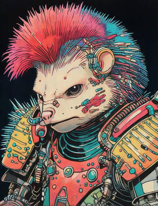 (head and shoulders portrait:1.2), (anthropomorphic porcupine cyborg :1.3) as a warrior, triadic colors, wearing sci-fi outfit , surreal fantasy, close-up view, chiaroscuro lighting, no frame, hard light,Ukiyo-e,ink,colorful