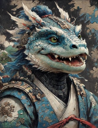 (close up, head and shoulders portrait:1.3), anthromorphic ( oriental turtle :1.2) dragon, samurai , black samurai armor, green, blue , white and black color scheme , (dark background:1.2), Disney pixar style,Ukiyo-e,ink,colorful,shogun