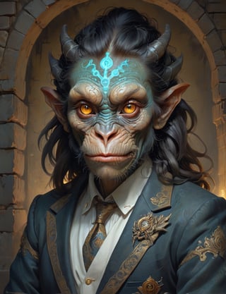 creative magic creature art, creature fusion ( ape :1.6) (dragon :1.8), female, eyelashes, (bioluminescence :2), wearing business attire , glowing eyes, head and shoulders portrait , hyper-detailed oil painting, art by Greg Rutkowski and (Norman Rockwell:1.5) , illustration style, symmetry , inside a medieval dungeon, cracked stone walls , huayu